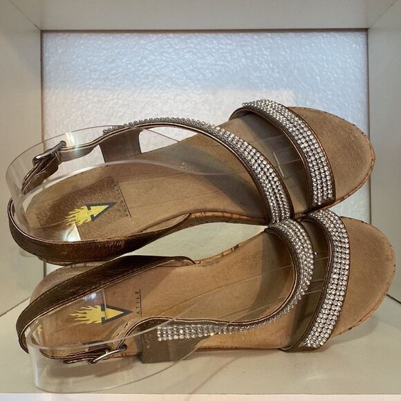 Volatile Rhinestones Leather Platform Cork Brown Tan Ankle Strap Sandals - Picture 8 of 10